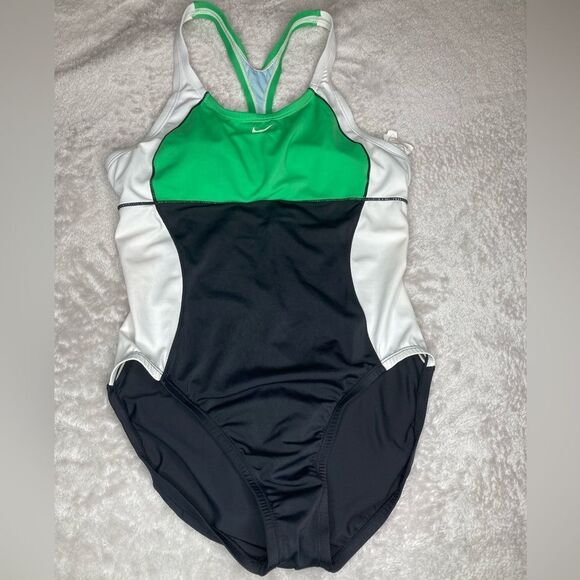 NIKE XL One Piece Resort Swimsuit Black/White/Green Sporty Bathing Suit - Picture 1 of 10